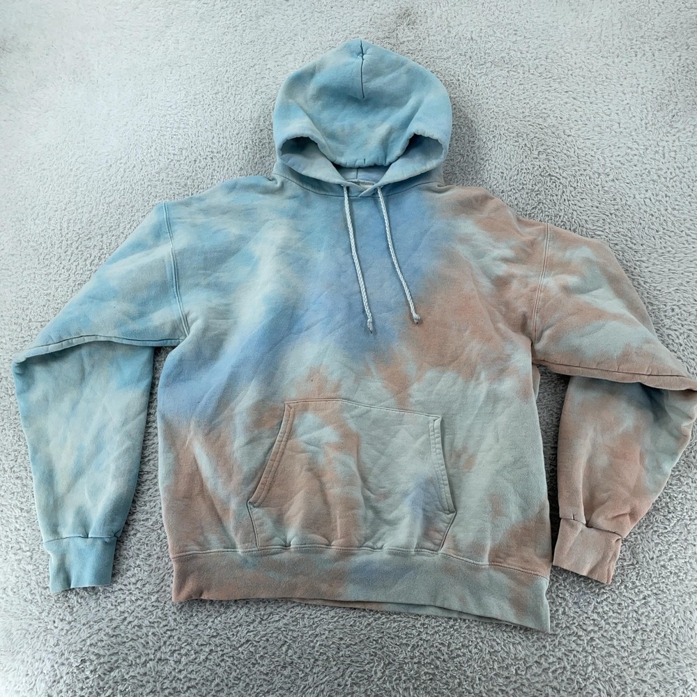 Vtg Tie Dye Hanes Hoodie Sweatshirt CROP FIT Medium Blue Tan Kangaroo Pocket